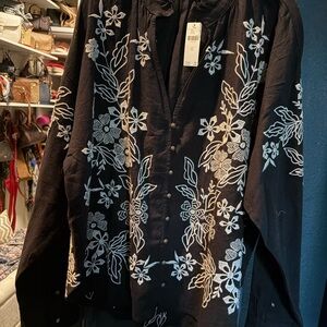 Pilcro Black Top with White Floral Design